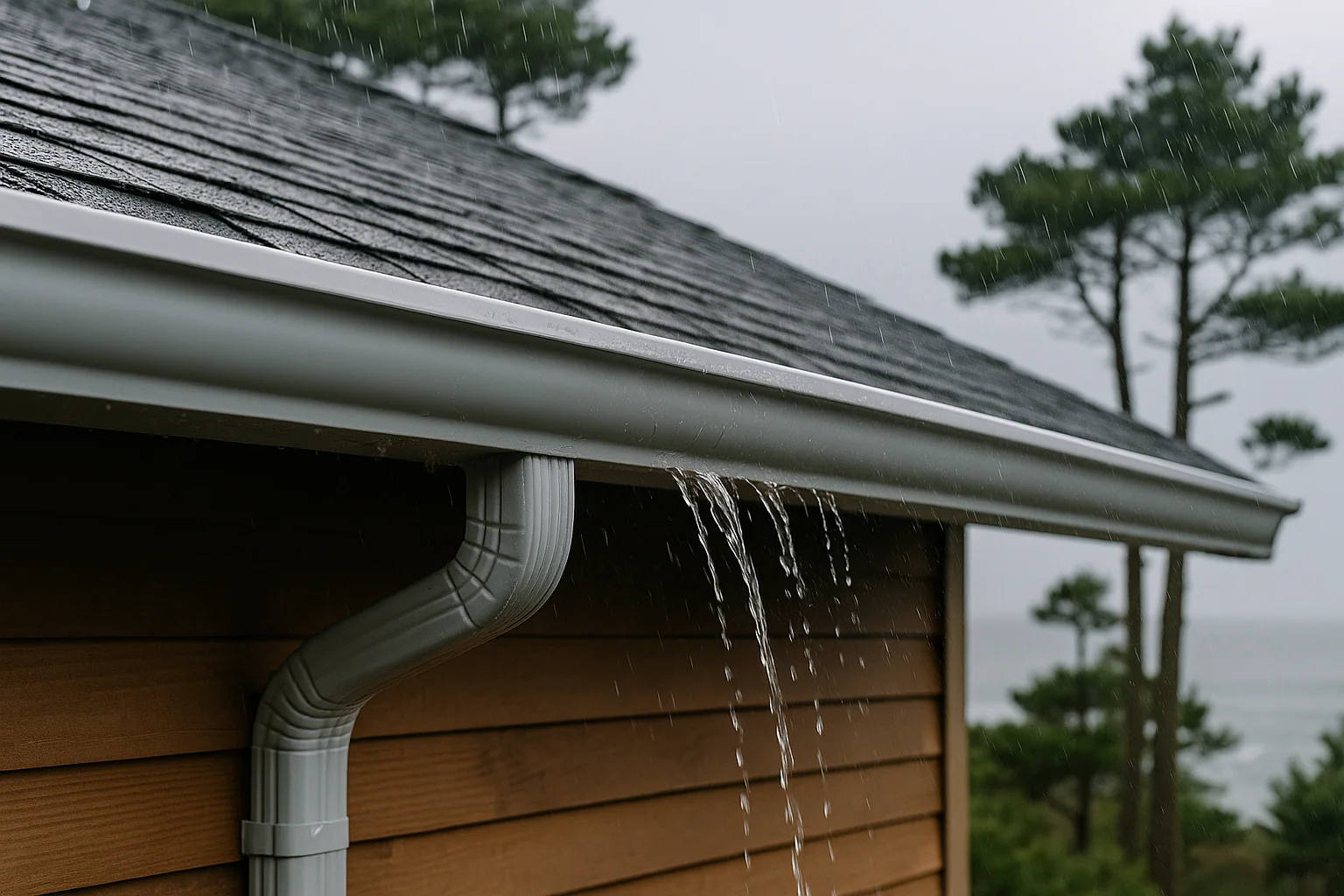 New seamless gutters on a Newport coastal home in the rain